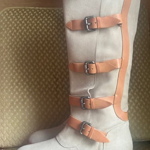 Free People Tristie Buckle Moto Tan Suede Leather Straps Knee High Boots - Picture 5 of 16